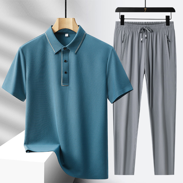 Men's Light Luxury High-end Ice Silk Seamless Polo Shirt Trousers Sports Leisure Suit | Anvare