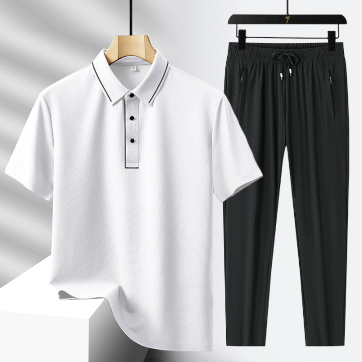 Men's Light Luxury High-end Ice Silk Seamless Polo Shirt Trousers Sports Leisure Suit | Anvare
