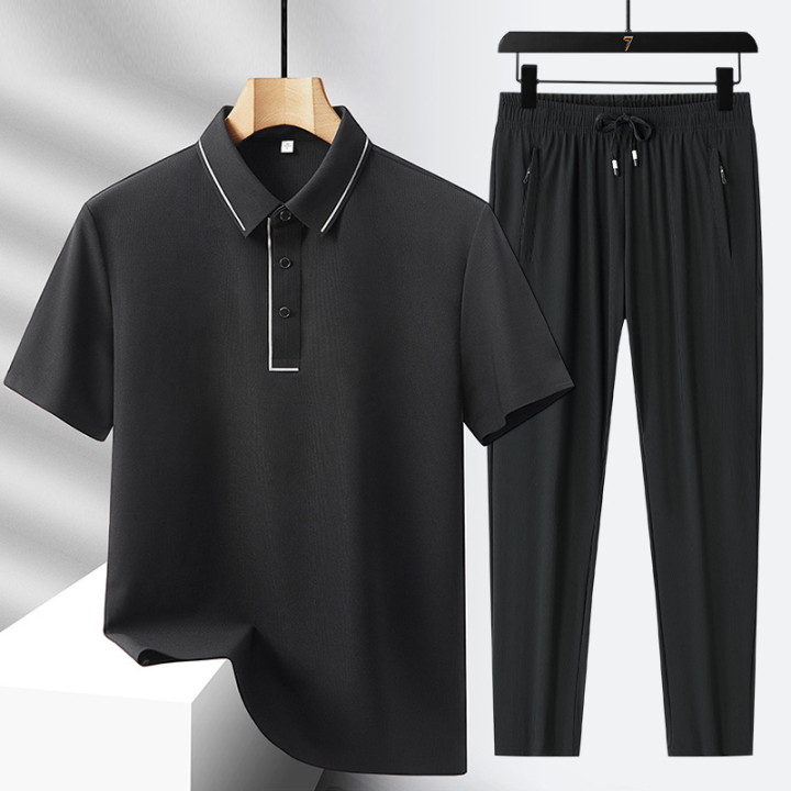 Men's Light Luxury High-end Ice Silk Seamless Polo Shirt Trousers Sports Leisure Suit | Anvare