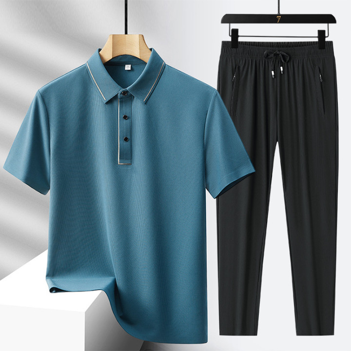 Men's Light Luxury High-end Ice Silk Seamless Polo Shirt Trousers Sports Leisure Suit | Anvare