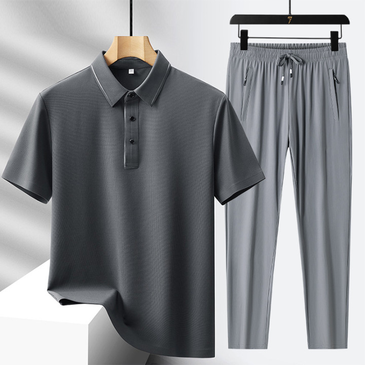 Men's Light Luxury High-end Ice Silk Seamless Polo Shirt Trousers Sports Leisure Suit | Anvare