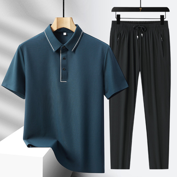 Men's Light Luxury High-end Ice Silk Seamless Polo Shirt Trousers Sports Leisure Suit | Anvare