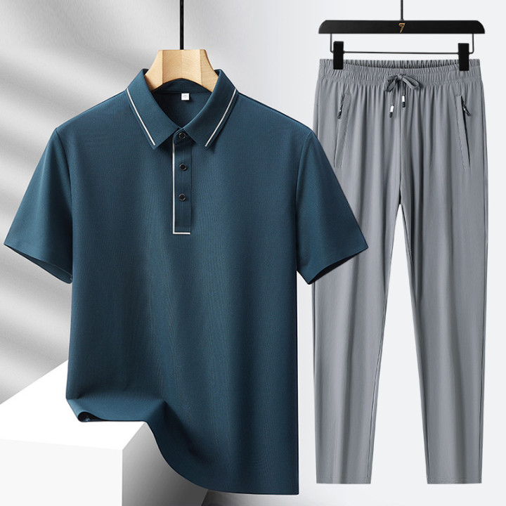 Men's Light Luxury High-end Ice Silk Seamless Polo Shirt Trousers Sports Leisure Suit | Anvare