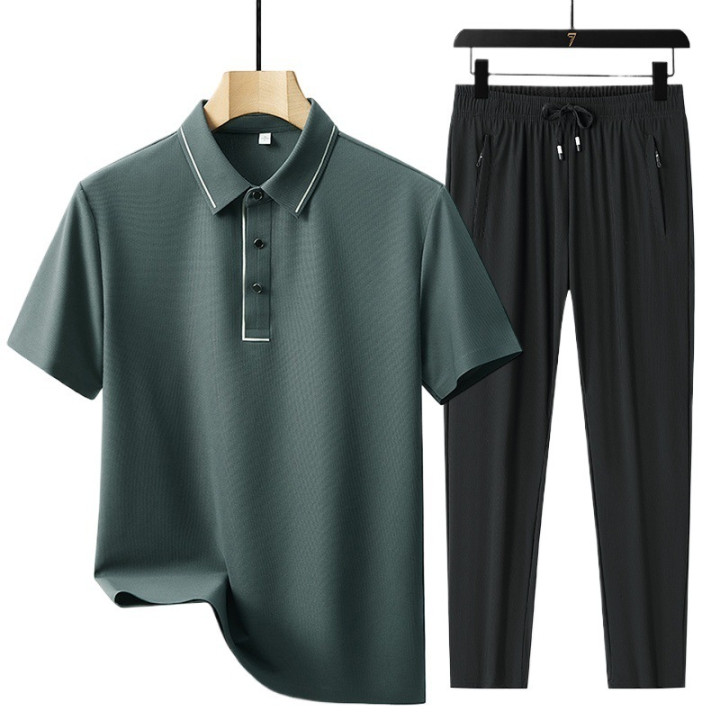 Men's Light Luxury High-end Ice Silk Seamless Polo Shirt Trousers Sports Leisure Suit | Anvare