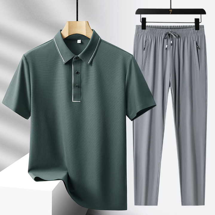 Men's Light Luxury High-end Ice Silk Seamless Polo Shirt Trousers Sports Leisure Suit | Anvare