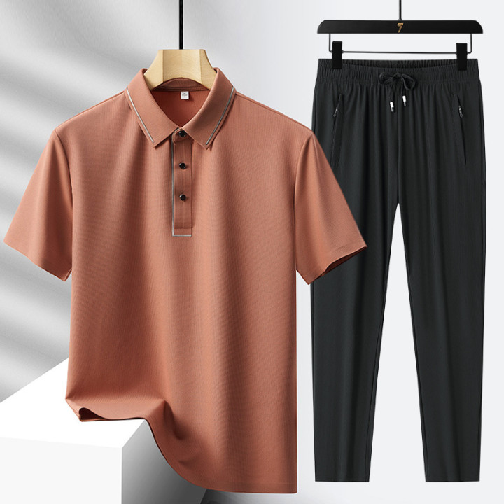 Men's Light Luxury High-end Ice Silk Seamless Polo Shirt Trousers Sports Leisure Suit | Anvare