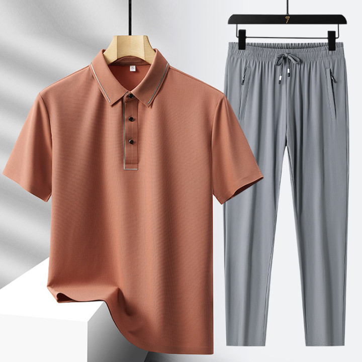 Men's Light Luxury High-end Ice Silk Seamless Polo Shirt Trousers Sports Leisure Suit | Anvare