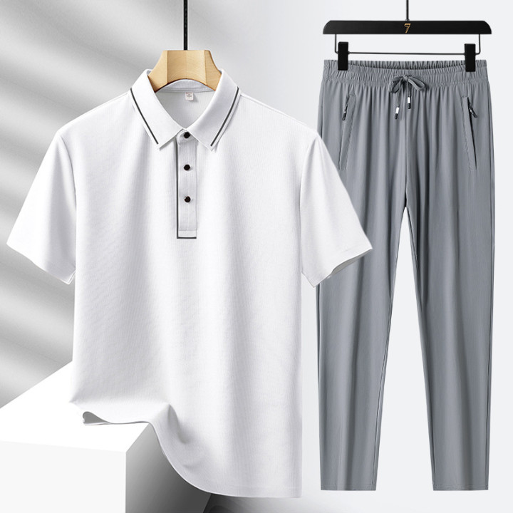 Men's Light Luxury High-end Ice Silk Seamless Polo Shirt Trousers Sports Leisure Suit | Anvare